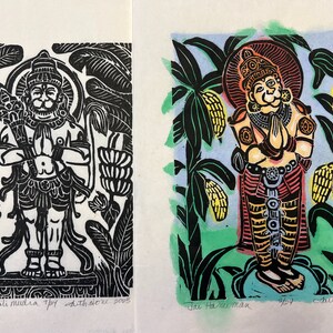 May include: Two black and white woodblock prints of Hindu deities. The print on the left depicts Hanuman, a monkey god, in a standing pose with his hands clasped in prayer. The print on the right depicts a deity with a crown and a similar prayer pose. Both prints are surrounded by stylized floral motifs.