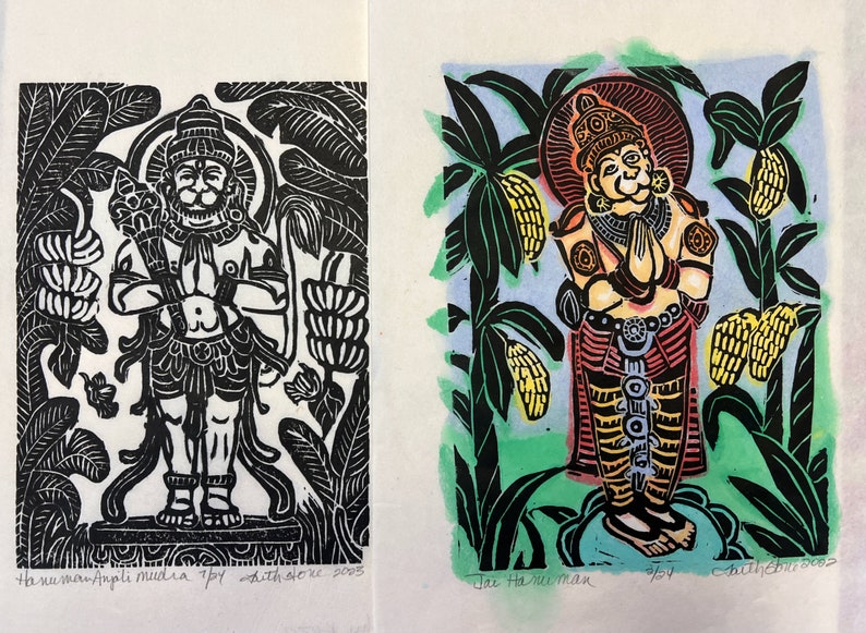 May include: Two black and white woodblock prints of Hindu deities. The print on the left depicts Hanuman, a monkey god, in a standing pose with his hands clasped in prayer. The print on the right depicts a deity with a crown and a similar prayer pose. Both prints are surrounded by stylized floral motifs.