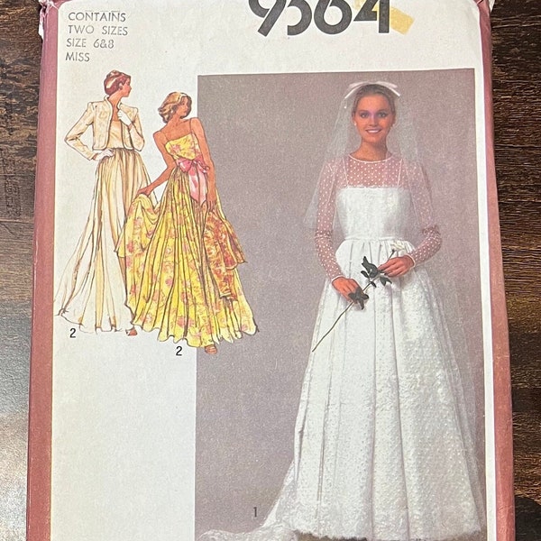 Simplicity 9364 / 1980s Ladies’ Thin Strap or Illusion Neckline Bridal or Bridesmaid Dress and Jacket sizes 6 and 8 / Uncut Sewing Pattern