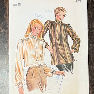 Butterick 4054 / 1980s Women&#39;s High Neck, Button Down Blouse Size 12 / Uncut Sewing Pattern