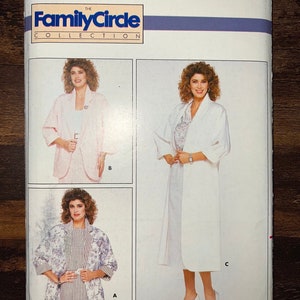 May include: A sewing pattern for a women's jacket. The pattern is from the Family Circle Collection and is for sizes L-XL. The pattern is called Butterick 4705. The pattern shows three different styles of jackets. The first jacket is a white jacket with a long skirt. The second jacket is a pink jacket with a shorter skirt. The third jacket is a floral patterned jacket with a striped skirt.