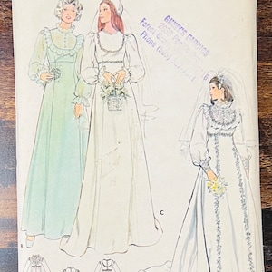 Butterick 4887 / 1970s Wedding Gown and Bridesmaid Dress with Empire Waistline and High Neck Size 8/ Uncut Sewing Pattern