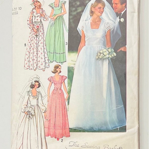 Simplicity 7886 / 1970s Ladies Boho Style Wedding Gown and Bridesmaids Dress Size 10 / Complete Sewing Pattern