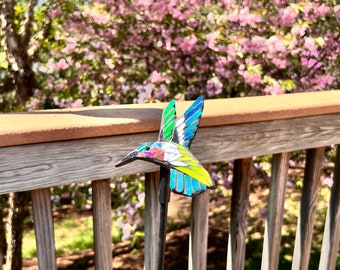 Stunning ruby-throated Hummingbird garden mosaic plant stake