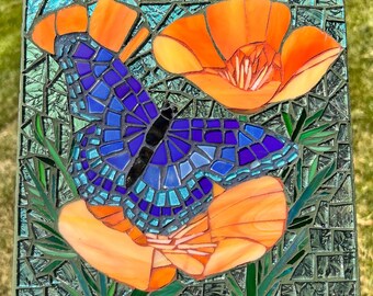 Beautiful Blue Morpho butterfly on California Poppies Mosaic Wall Art