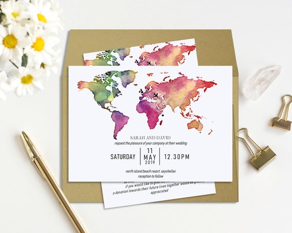 World Map Watercolour Destination Wedding Invitations Etsy
