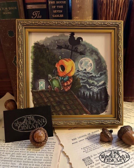 Summerween Wall Art Print: Spooky Pumpkin Reading Crow