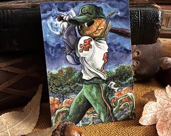 Mini Art Print for Baseball Fan - Spooky Sports Art - Stocking Stuffer - Halloween Pumpkin Art Print - Baseball art - Cozy Woodland Art