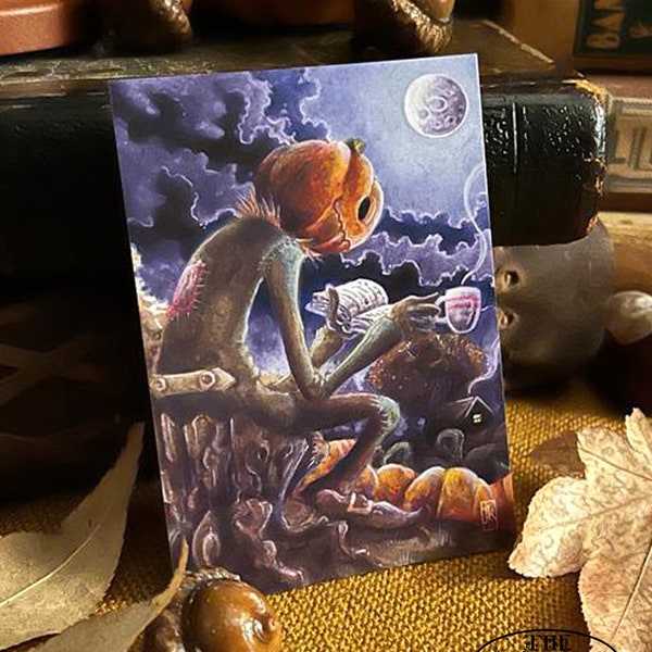 Mini Art Print for Halloween - Cozy Fall Art - Stocking Stuffer - Halloween Pumpkin Art Print - Cozy Spooky - Cozy Woodland Art