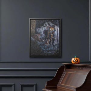 Headless Horseman Canvas Art – Sleepy Hollow Gothic Halloween Wall Decor – Framed Dark Fantasy Haunted House Print (Multiple Sizes)