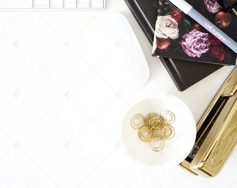 Download Free Office Stock Photo 4 Black Notebook Gold Stapler Ring Dish Blog Instagram Stock Photo Desk Mockup Stock Photos For Creatives Best Psd Mockups PSD Mockup Template