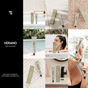 May include: A set of 11 cosmetic tube packaging mockups featuring a green and white color scheme with the word "OASIS" printed on the tubes and boxes. The mockups are displayed in various settings, including a poolside, a bathroom, and a hand holding a tube.