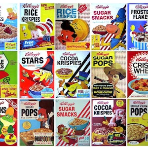 Może przedstawiać: Kolaż vintage'owych pudełek z płatkami śniadaniowymi Kellogg's z różnymi postaciami i maskotkami. Pudełka są ułożone w siatkę i zawierają popularne płatki śniadaniowe, takie jak Rice Krispies, Frosted Flakes, Cocoa Krispies, Sugar Pops i Apple Jacks.