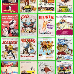 May include: A collage of 16 movie posters featuring Elvis Presley in various roles. The posters are colourful and feature images of Elvis in different poses and settings. The posters are all from different films, and they all feature the title of the film and the name of the director.