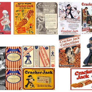 May include: A collage of vintage Cracker Jack packaging and advertising. The images feature the iconic Cracker Jack mascot, a sailor boy, along with baseball players, children, and popcorn. The text on the packaging includes the slogan "The More You Eat, The More You Want."