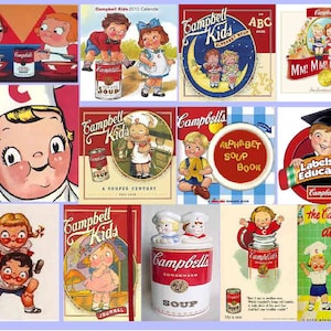 Op de afbeelding: Een collage van vintage illustraties met de Campbell Kids, een groep cartoonkinderen die geassocieerd worden met Campbell Soup Company. De afbeeldingen tonen de kinderen in verschillende omgevingen, waaronder een keuken, een klaslokaal en een huis. De afbeeldingen zijn kleurrijk en fantasierijk en ze bevatten het iconische Campbell Soup-logo.
