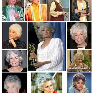 May include: A collage of photos featuring Beatrice Arthur, an American actress and comedian, known for her role in the television series "Golden Girls". The photos show her in various poses and outfits, including a yellow sweater, a white dress, and a blue sweater.