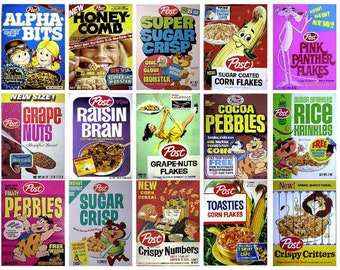 May include: A collection of vintage Post cereal boxes, featuring colorful designs and cartoon characters. Boxes include Alpha-Bits, Honeycomb, Super Sugar Crisp, Sugar Coated Corn Flakes, Pink Panther Flakes, Grape-Nuts, Raisin Bran, Cocoa Pebbles, and more.