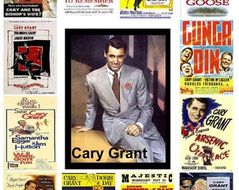 May include: A collage of movie posters featuring Cary Grant in various roles. The posters are colorful and feature images of Grant with other actors and actresses. The posters are arranged in a grid pattern and include titles such as "An Affair to Remember", "Charade", "Father Goose", "North by Northwest", "Bringing Up Baby", and "To Catch a Thief".