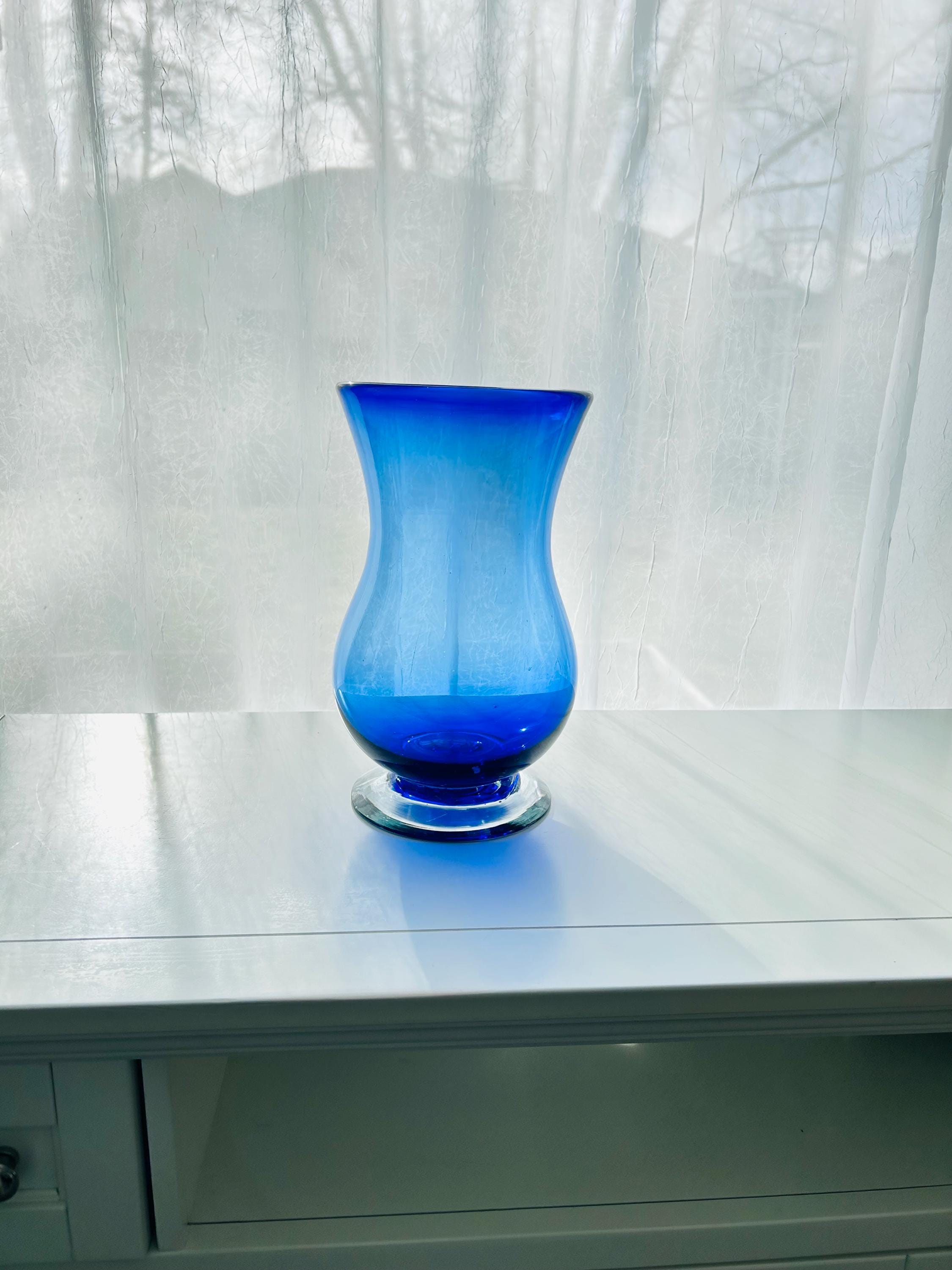 Large Cobalt Blue Art Glass Flower Vase - Mid Century Modern ...