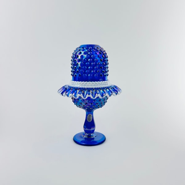Vintage Fenton Blue Carnival Hobnail Glass Snow Crest Fairy Lamp ~ Fenton Ruffled Edge