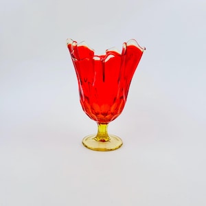 Vintage Amberina Glass Vase ~ Viking Glass Handkerchief Georgian Thumbprint  Footed Vase ~ Persimmon Red Orange Yellow Glass Vase