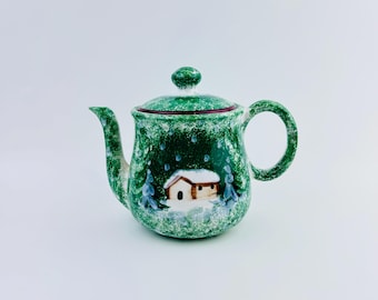 Vintage Log Cabin Teapot - Hand Painted Italy - Rustic Christmas Decor - Winter Scene Holiday Teapot