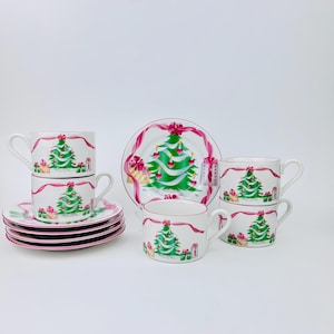 Christmas Tree Pink Cups and Saucers Sets by Sango ~ Tea Coffee Cappuccino Hot Beverage Cups Set ~ Pink and Green China