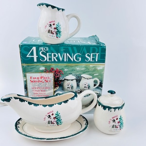 Stoneware Christmas Snowman Sugar Creamer Gravy Boat Let It Snow Serving Set ~ Christmas Holiday New Years Eve Party Dinnerware