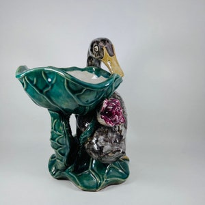 Vintage Style Large Majolica Duck with Lotus Planter Vase - Unique Floral Home Accent