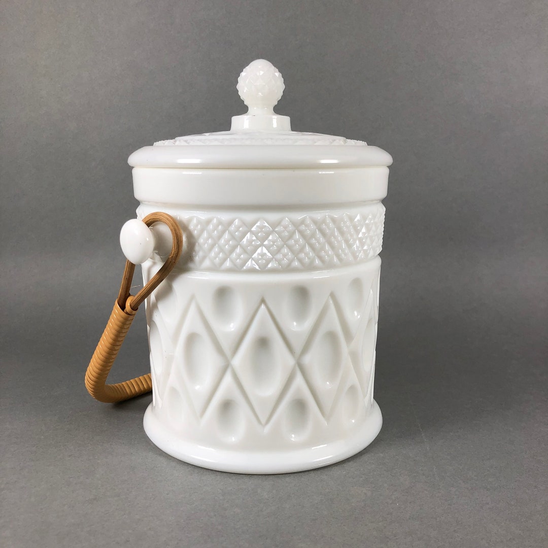 Vintage Imperial Milk Glass Biscuit Jar Raffia Handle Etsy
