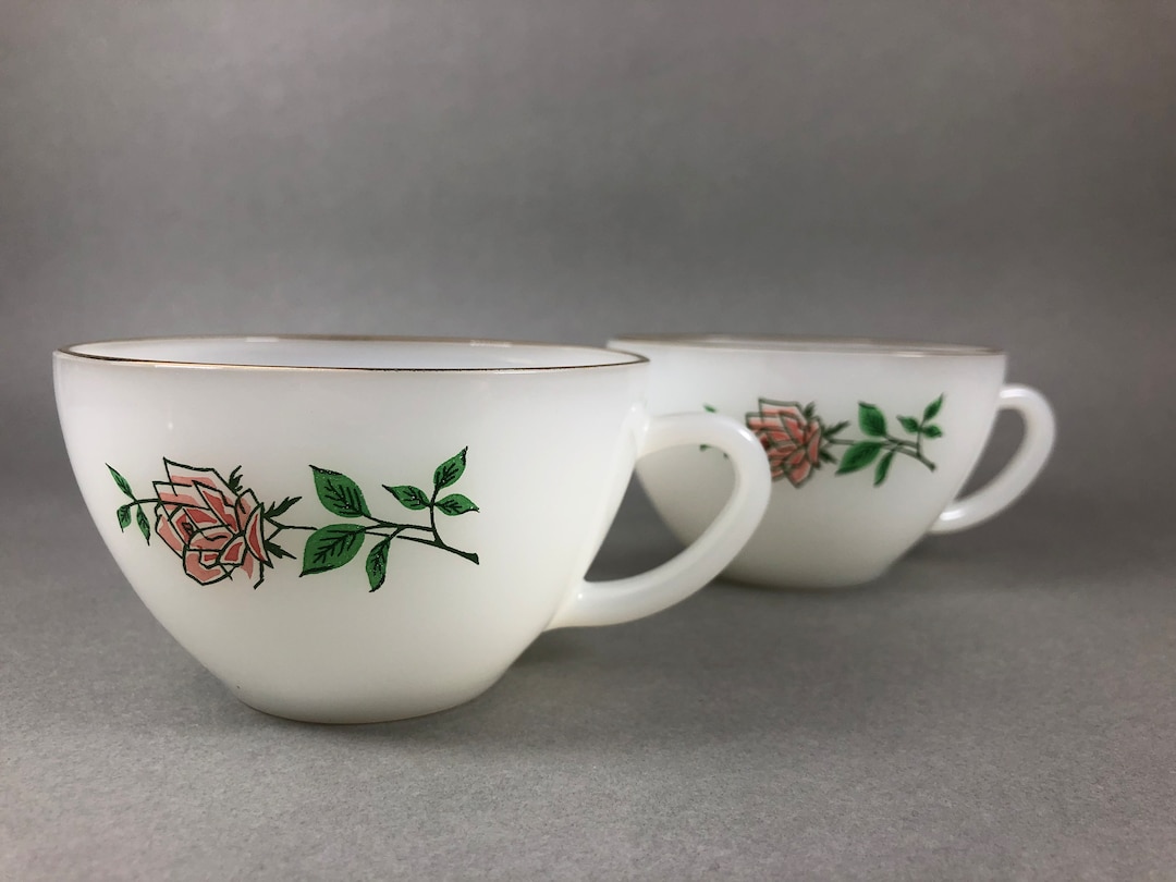 Vintage Milk Glass Teacup Pink Rose Fire King Dinnerware Anniversary Rose Etsy