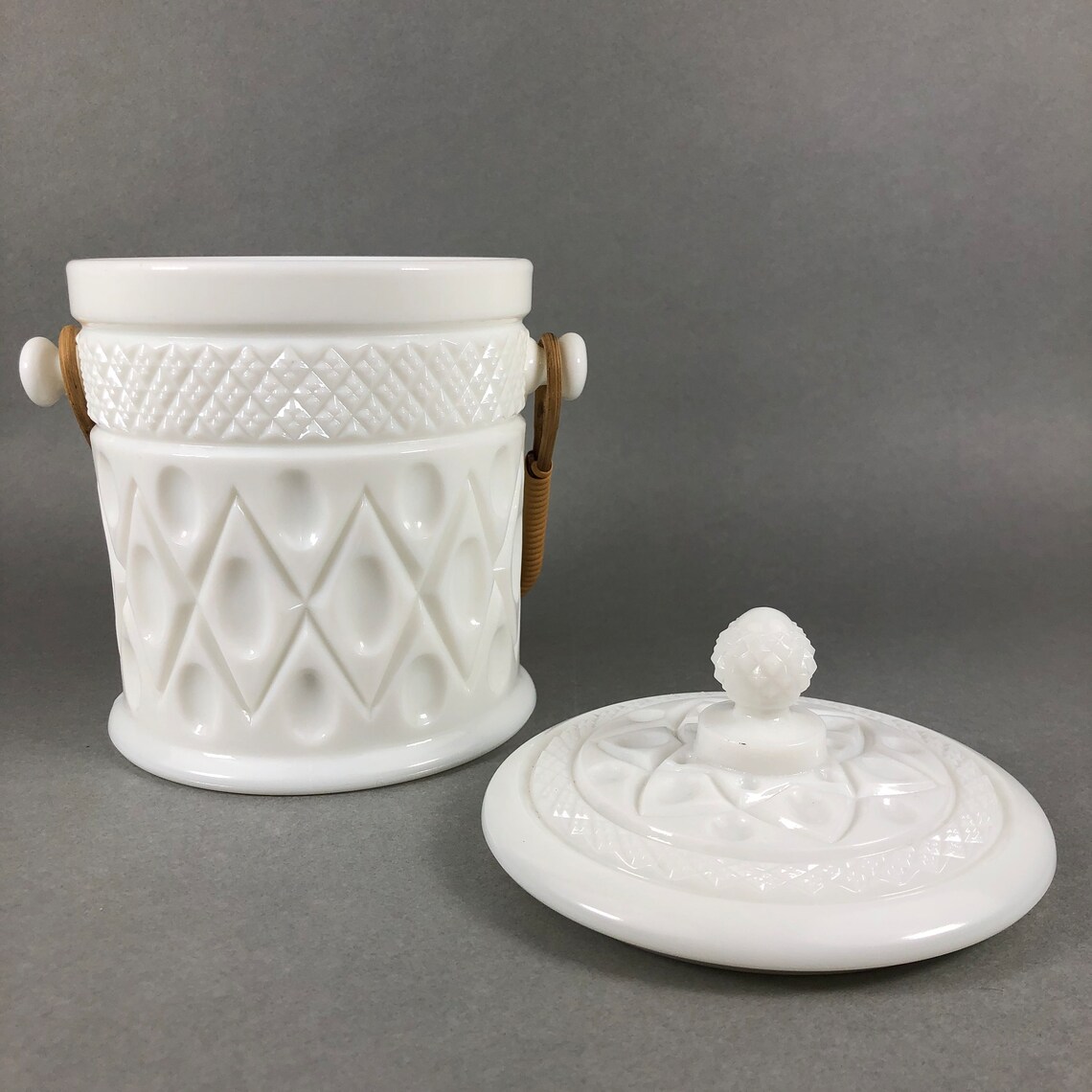 Vintage Imperial Milk Glass Biscuit Jar Raffia Handle Etsy