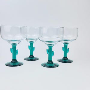 Libbey &quot;Saguaro&quot; Emerald Green Cactus Stemmed Margarita Daiquiri Cocktail Glasses Set of 4 Ё Vintage Crystal Cactus Margarita Glass