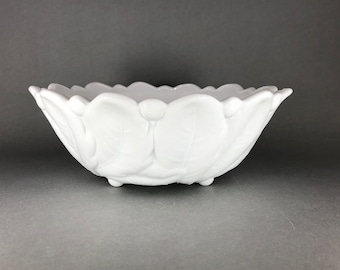 Vintage Indiana Glass Co Footed Milk Glass Serving Bowl ~  Footed Leaf Bowl ~ Wild Rose Pattern