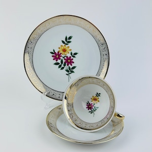 Bavaria Winterling Marktleuthen China Tea Set Trio ~ Porcelain Bavarian Pedestal Cup Saucer Dessert Plate ~ Cup Saucer Dessert Plate Germany
