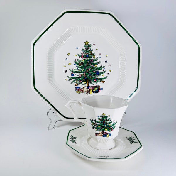 Vintage Nikko Christmastime Dishes White Ceramic Octagon Cup Saucer Dessert Plate ~ Christmas Holiday New Years Eve Party