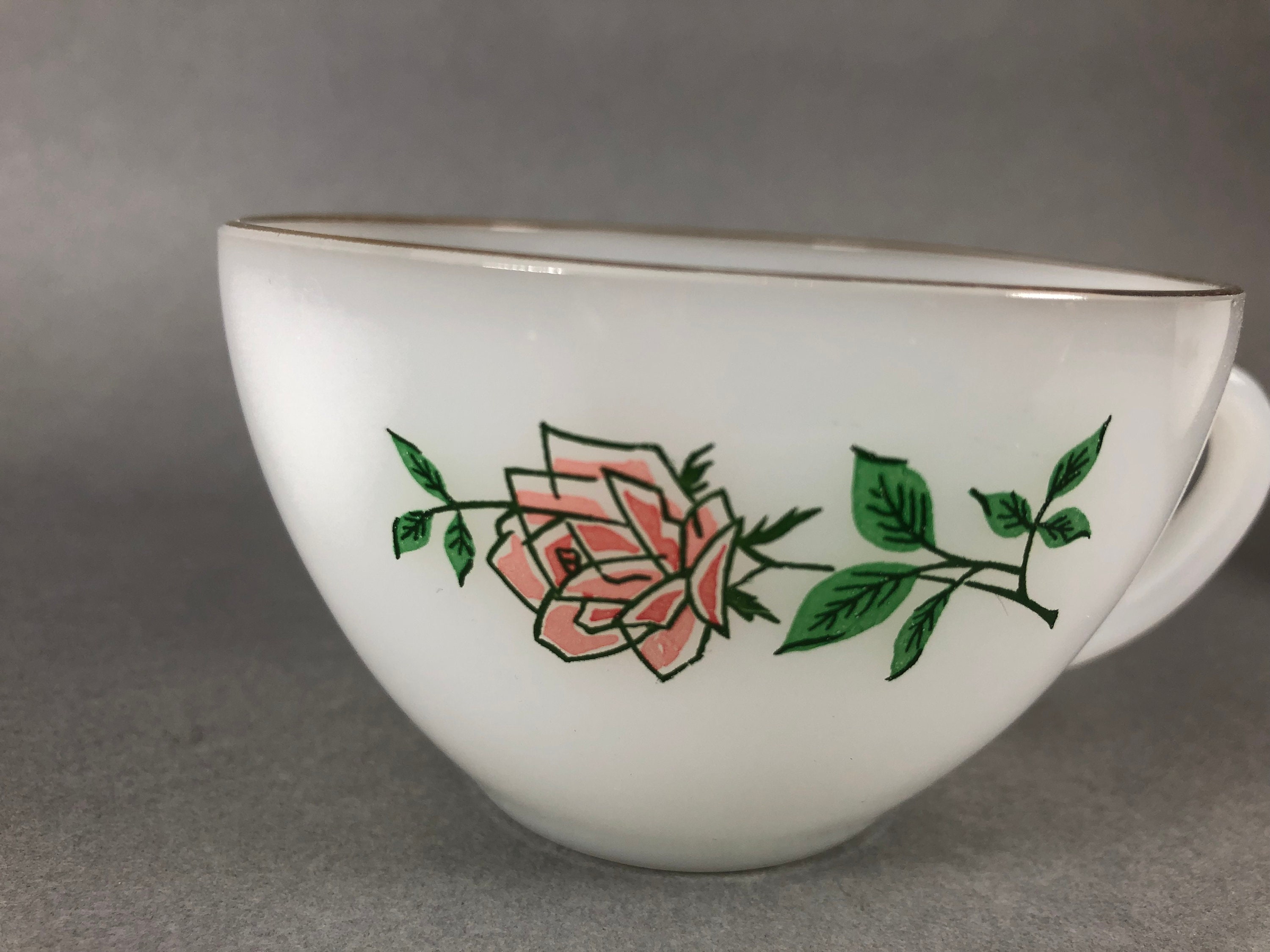 Vintage Milk Glass Teacup Pink Rose Fire King Dinnerware Etsy