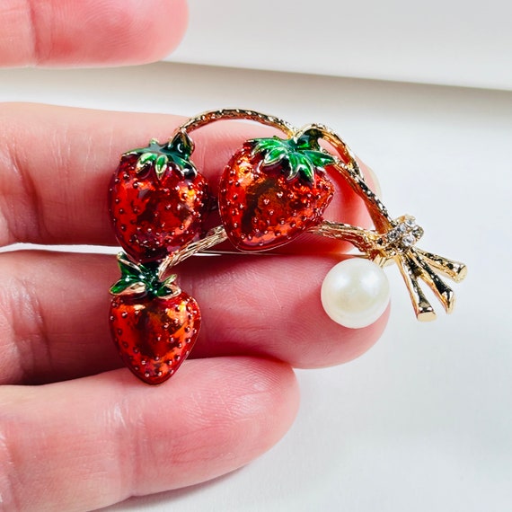 Summer Berry Bliss: Red Strawberry Enamel Brooch … - image 6