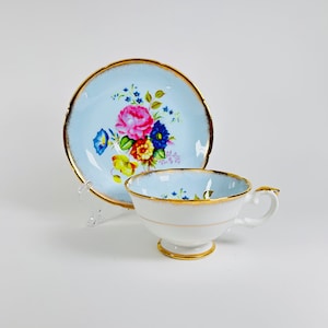 Vintage Royal Grafton Fine Bone China English Teacup and Saucer Pale Blue Teacup and Saucer Set - Made in England