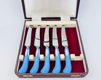 Vintage Wedgwood Light Blue Jasperware Dinner Steak Knife Set of 5 ~ Ashberry Sheffield Knife ~ Blue Serving Utensils