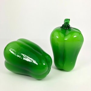 Vintage Hand Blown Glass Green Art Glass Green Bell Peppers Figurines ~ Decorative Glass Life-size Fruit Vegetable Food Décor