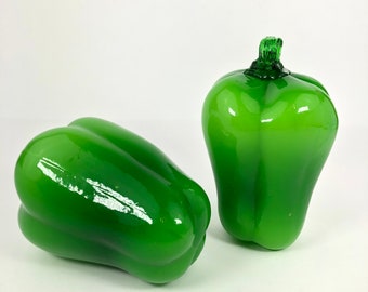 Vintage Hand Blown Green Glass Bell Pepper Figurines: Food Decor, Set of 2