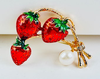 Red Strawberry Enamel Brooch Pin ~ Nature-inspired Jewelry Gift