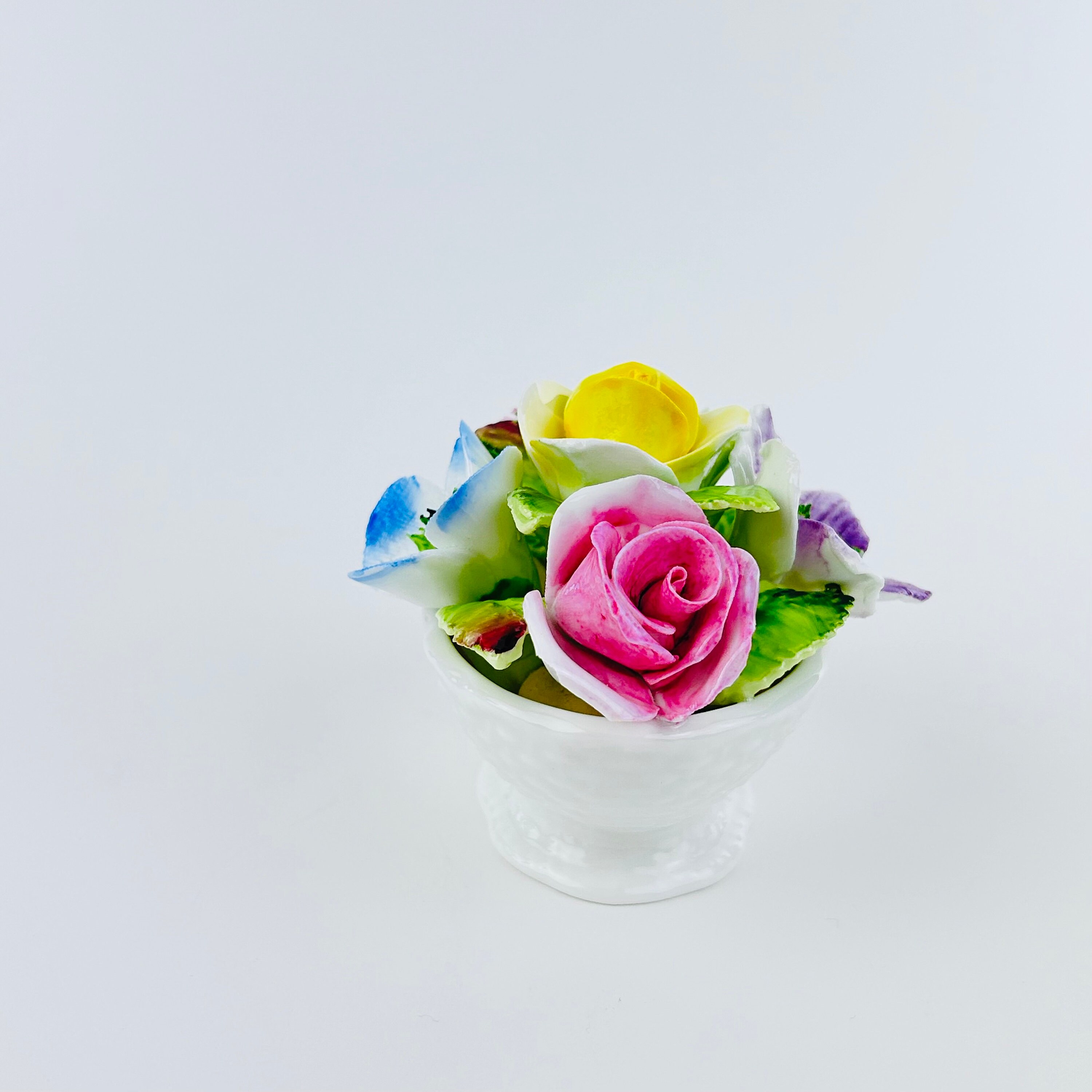Vintage Coalport Miniature Flowers in Basket ~ Porcelain Bone