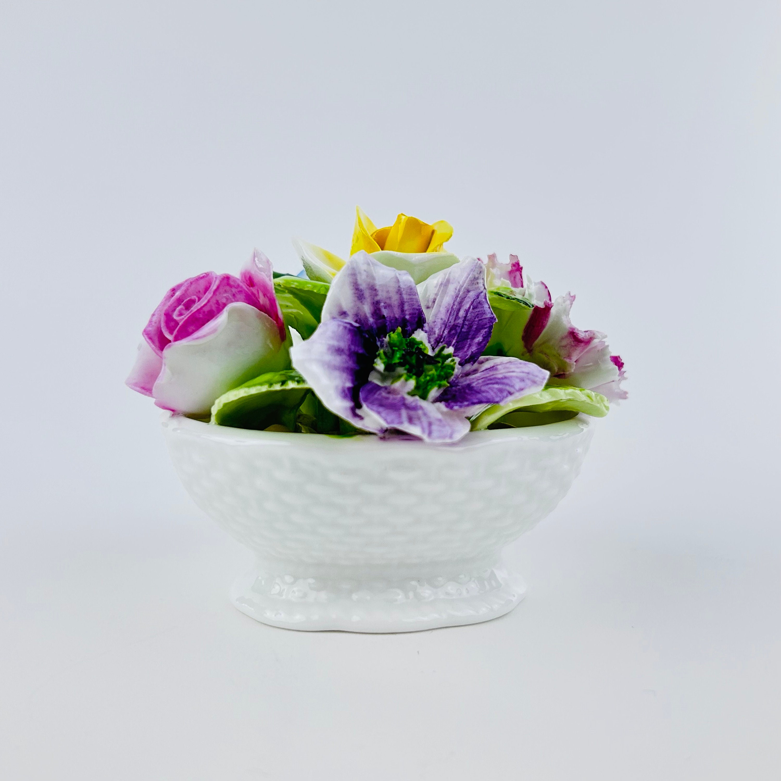 Vintage Coalport Miniature Flowers in Basket ~ Porcelain Bone