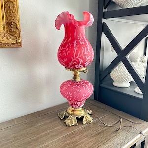 Fenton Cranberry Fern Daisies Opalescent Table Lamp ~ Made in America Lamp