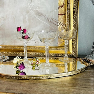 Fostoria Meadow Rose Etched Crystal Champagne Sherbert Cocktail Martini Glasses Coupes Set of 3 ~ Mid Century Clear Glass Stemware