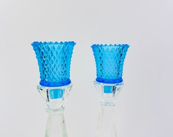 Vintage Blue Glass Diamond Point Peg Votive Holder Cups Set of 2 ~ Votive Glasses for Sconces or Candle Holders