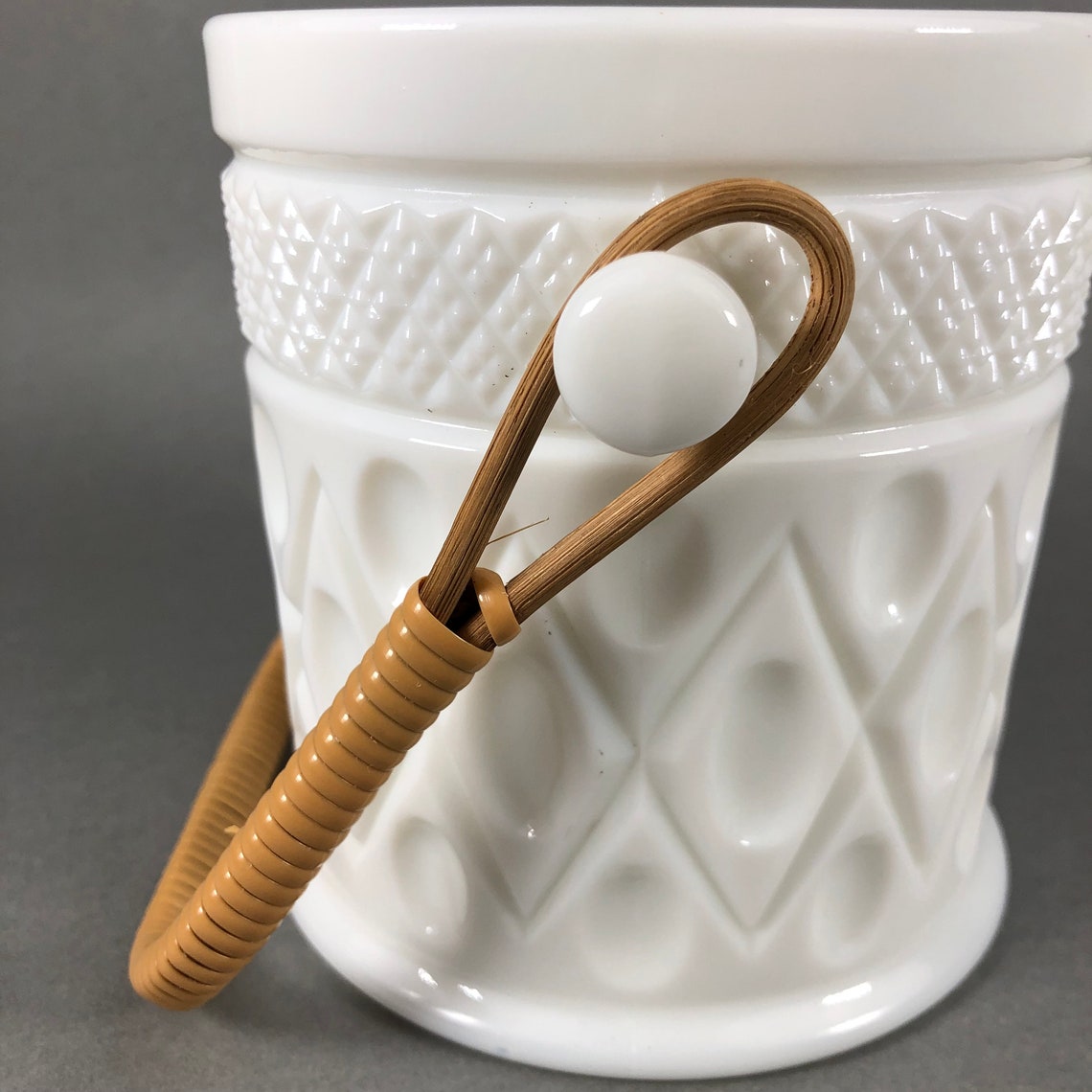 Vintage Imperial Milk Glass Biscuit Jar Raffia Handle Etsy